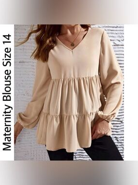 SHEIN Maternity Cream Tiered V-Neck Long Sleeve Babydoll Dress